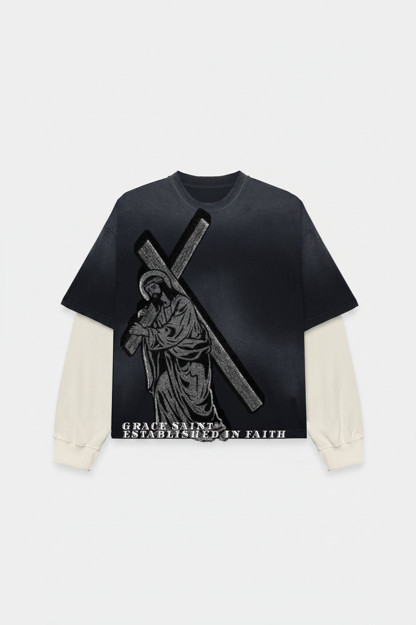 Grace Saint Cross Heavyweight Tee featuring a graphic of a figure with a cross, designed for believers.