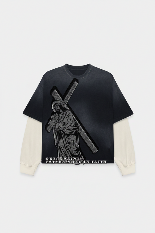 Grace Saint Cross Heavyweight Tee featuring a graphic of a figure with a cross, designed for believers.